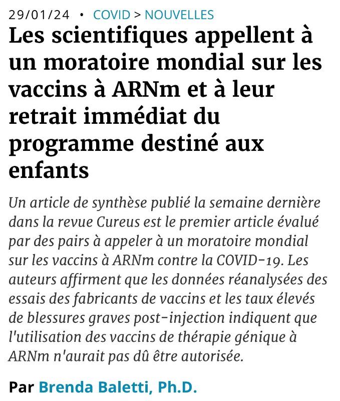 N'oublions pas les contournements administratifs : Pfizer n'a jamais dit que son produit rentrait dans la catégorie des thérapies géniques car il savait qu'il n'aurait jamais eu l'autorisation de mise sur le marché, pour une utilisation  de masse sur une population saine.<br /><br />https://twitter.com/guffgu6/status/1752230789499003003<br /><br />https://twitter.com/tatiann69922625/status/1752191705309483043?s=46&amp;t=12cKOnxIyy6Ds-yr78HKbw