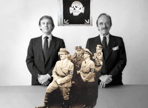 À gauche, Donald et son père Fred avec le signal main-dans-main Skull and Bones ("X") maçonnique / Brotherhood of Death  signe, ou la lettre X, a une longue histoire d'utilisation dans les religions mystérieuses antiques, dans le judaïsme apostate, dans la franc-maçonnerie et dans l'occulte. L'élite ILLUMINATI l'utilise à ce jour pour symboliser des phénomènes clés et marquer des événements significatifs.