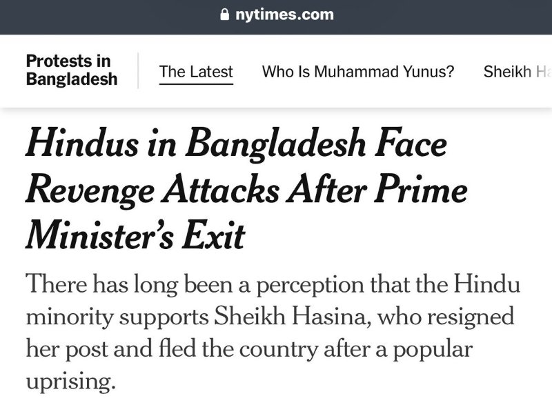 Le New York Times prend enfin conscience de la réalité des hindous tués au Bangladesh. Pourtant, il le décrit comme une « attaque de vengeance ». Des hindous sont tués parce qu’ils sont hindous, et pas seulement à cause de Sheikh Hasina et de la Ligue Awami. Persécution systématique des hindous au Bangladesh depuis des années.<br /><br />Source: https://x.com/AdityaRajKaul/status/1821271385634955493