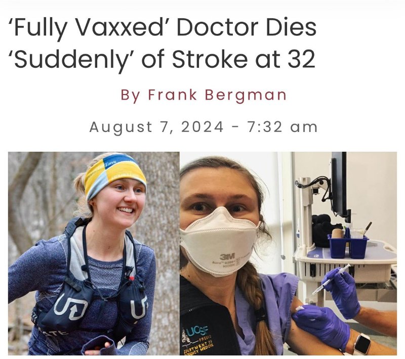 Une médecin californienne est tragiquement décédée "soudainement" après avoir subi un AVC à seulement 32 ans.<br /><br />La mort tragique et soudaine de la Dre Maddie Giegold est survenue juste cinq jours avant de terminer sa résidence.<br /><br />Selon des rapports, la jeune médecin était "complètement vaccinée" contre la Covid et avait reçu une injection de rappel "ARNm" peu de temps avant sa mort.<br /><br />"Je n'ai jamais vraiment rencontré quelqu'un d'autre comme elle, elle est incroyablement excentrique", a déclaré son amie Hannah Trautner.<br /><br />Trautner a ajouté que Giegold ferait n'importe quoi pour faire rire les gens et deviendrait inévitablement leur amie.<br /><br />Source: https://x.com/Censored4sure/status/1821196182229557618