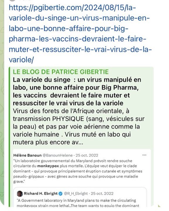 Référence: https://pgibertie.com/2024/08/15/la-variole-du-singe-un-virus-manipule-en-labo-une-bonne-affaire-pour-big-pharma-les-vaccins-devraient-le-faire-muter-et-ressusciter-le-vrai-virus-de-la-variole/