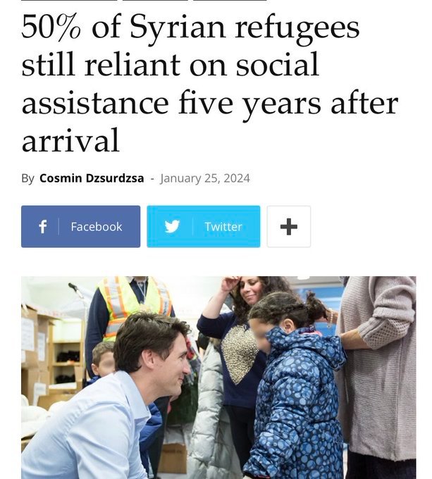 Cette image présente un article publié le 25 janvier 2024 par Cosmin Dzsurdzsa.<br /><br />Le titre de l'article indique que 50% des réfugiés syriens sont toujours dépendants de l'assistance sociale cinq ans après leur arrivée au Canada.<br /><br />L'article souligne que la moitié de ces réfugiés n'ont pas encore atteint l'autonomie financière après plusieurs années.<br /><br />Ils sont toujours au crochet des Canadiens.<br /><br />Non, les réfugiés ne nous enrichissent pas, c'est un conte de fées raconté par Trudeau et ses complices mondialistes qui nous remplacent, à nos frais.<br /><br />Et non, le gros cash mensuel n'arrête absolument pas après 12 mois.