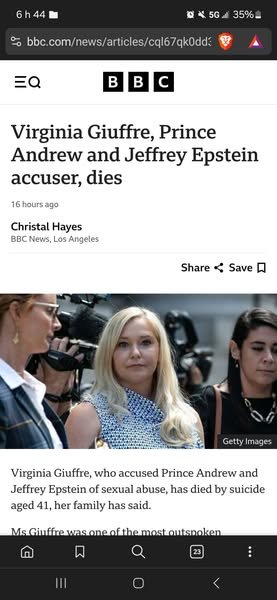 ENCORE UNE COÏNCIDENCE<br /><br />TOUS CEUX ET CELLES QUI DÉNONCENT LES PETITS JEUX DES ÉLITES DISPARRAISSENT<br /><br />Virginia Giuffre, principale voix des victimes d’Epstein, se serait enlevé la vie.<br /><br />Virginia Giuffre, l'une des principales plaignantes de l'affaire Jeffrey Epstein, financier américain qui était accusé de trafic sexuel de mineures, s'est enlevé la vie à son domicile en Australie à l'âge de 41 ans, a annoncé samedi sa famille.<br />Mme Giuffre avait accusé le milliardaire américain Jeffrey Epstein, mort en détention en 2019, de l'avoir utilisée comme esclave sexuelle au tournant des années 2000.<br /><br />L'Américano-Australienne avait conclu en 2022 un arrangement de plusieurs millions de dollars avec le prince Andrew, frère du roi Charles III d'Angleterre, qu'elle accusait d'agression sexuelle quand elle était mineure dans cette affaire.<br /><br />Virginia Giuffre, survit à un autobus qui la percute, alors qu'on ne lui donnait que quatre jours à vivre.<br /><br />Puis, après avoir courageusement survécu à l'agonie et s'être remise sur le chemin de la guérison, elle se suicide subitement.