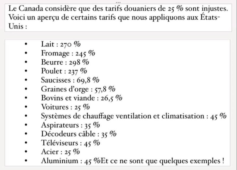 Nous sommes dirigés par des VOLEURS!<br /><br />En plus de nous voler en plein jour, ils volent dans le pays à côté de nous et font passer ça sur le dos du President Trump.<br /> <br />Et se ne sont que pour les États-Unis.<br /><br />Imaginez l’imposition pour les autres pays.<br /><br />Qui paie la taxe que nous imposons au autre pays?<br /><br />Ben, c'est nous les caves, gang de clowns qui refusent de voir la vérité en face.<br /><br />C'est plus facile pour Carney d'accuser Trump car il gagne des votes avec ses mensonges éhontés et les moutons gobent ça.