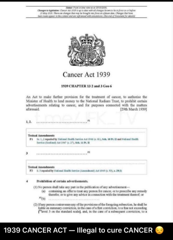 Réponse de l'IA:<br /><br />L'image montre une partie du Cancer Act 1939 (Chapitre 13, sections 2 et 3, Geo 6) du Royaume-Uni, promulgué le 29 mars 1939.<br /><br />Cette loi avait pour objectif principal de faire des provisions pour le traitement du cancer, d'autoriser le ministre de la Santé à prêter de l'argent au National Radium Trust, et d'interdire certaines publicités relatives au cancer.<br /><br />https://en.wikipedia.org/wiki/National_Radium_Trust<br /><br />La section 4, qui est mise en évidence, interdit spécifiquement la publication ou la participation à des publicités concernant des remèdes ou traitements contre le cancer, ou l'offre de conseils à ce sujet, sauf dans des cas autorisés.<br /><br />Cela visait à protéger le public contre les charlatans et les remèdes non prouvés à l'époque.<br /><br />Toute personne enfreignant cette règle peut être passible d'une amende.<br /><br />Le texte annoté et les émojis suggèrent une interprétation erronée ou satirique, mais la loi elle-même ne rend pas illégal de guérir le cancer.<br /><br />Elle réglemente uniquement les publicités et les prétentions non vérifiées. Pour les textes officiels, vous pouvez consulter:<br /><br />Cancer Act 1939 sur <br /><br />https://www.legislation.gov.uk/ukpga/Geo6/2-3/13<br /><br />Mon interprétation:<br /><br />La loi était ciblée dans son intention mais large dans son application alors bien que la loi puisse être utilisée plus largement, elle est présentée officiellement comme ciblée... même si on comprend que la guerre contre le radium était une tromperie de plus.<br /><br />Alors oui, l'auteur a raison sur le fond mais dans l'application, c'est une zone grise qui aurait dû être corrigée depuis (au moins) 1948 mais ça ne l'a pas été alors ça démontre de la mauvaise foi des législateurs, à l'origine et depuis.<br /><br />-- --<br /><br />Source de la publication où était discutée l'image:<br /><br />https://www.facebook.com/100022989103285/posts/1903093727133579/?rdid=dDbXLZiW0vz7FCVs#