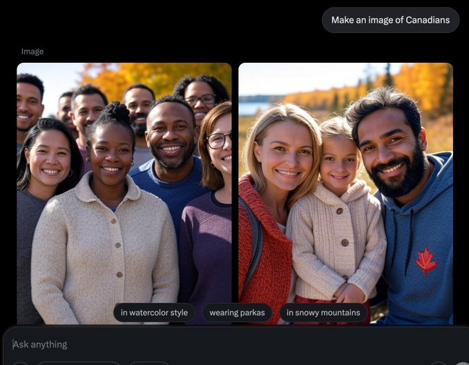Grok qui génère l'image de Canadiens... remarquez-vous quelque chose?<br /><br />Source: https://x.com/GdfnShirts/status/1945708308427612480<br /><br />Et regardez ce que Grok a choisi pour illustrer des membres de gangs violents de Chicago... ils sont TOUS blancs!<br /><br />https://x.com/TheBugleDaily1/status/1945626463731925272<br /><br />Le racisme et le profilage anti-blanc sont activés, dans Grok, l'IA-woke de Twitter.<br /><br />Elon Musk n'est PAS notre allié.<br /><br />Loin de là.