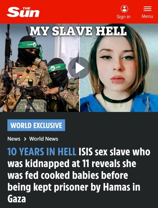 Fawzia Amin Sido, une femme yézidie, qui a été sauvée de la captivité du Hamas à Gaza par l’armée israélienne, l’ambassade des États-Unis, et une ONG canadienne, partage certaines des horreurs qu’elle a endurées, en disant au Sun que, après le 7 octobre, « Tous les hôpitaux étaient utilisés comme bases du Hamas. Il y avait des armes partout. »<br /><br />Elle a ajouté, « Quand j’étais en Israël et que je savais qu’il n’y avait plus de Hamas, j’étais tellement heureuse. Je pouvais respirer à nouveau, le Hamas est très maléfique; ils ont tué des gens et m’ont forcée à être là. »<br /><br />Sido a aussi insisté, « Il n’y a aucune différence entre le Hamas et l’État islamique. »<br /><br />Tout cela n’était que le début de son histoire.<br /><br />Source: https://x.com/ShamirIdit/status/1848036079108059572<br /><br />Référence: https://www.thesun.co.uk/news/31056306/isis-sex-slave-kidnapped-fed-babies-hamas-gaza/