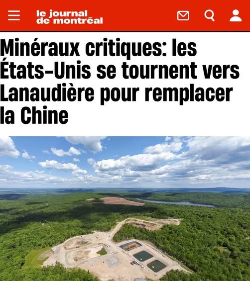 Source: https://www.facebook.com/olivier.primeau.5/posts/pfbid02pdRv8mS5fA5j8GYPjovpTXidfNfXJ4zhzcXJ3iQegW7GUUgLG9BkSpoXY3dnruz9l<br /><br />Référence: https://www.journaldequebec.com/2026/03/28/mineraux-critiques-les-etats-unis-se-tournent-vers-lanaudiere-pour-remplacer-la-chine