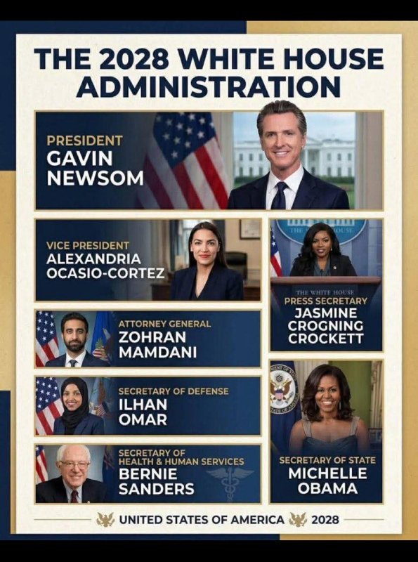 Ça semble être un poster satirique ou hypothétique circulant sur les réseaux sociaux, notamment Facebook, où des supporters imaginent un "dream cabinet" progressiste avec AOC, Ilhan Omar, Zohran Mamdani, Jasmine Crockett, Bernie Sanders et Michelle Obama.<br /><br />Source: https://www.facebook.com/groups/983459315880318/posts/2005951583631081/