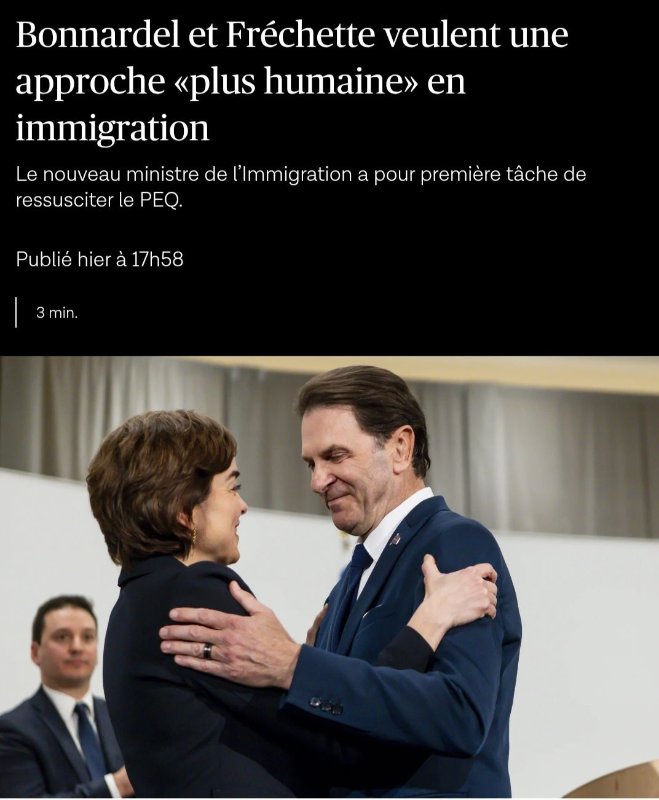 Je vais être assez direct. Fréchette a seulement 17% d'appui dans les intentions de vote et elle gouverne comme si elle s'apprêtait à remporter les prochaines élections.<br /><br />Ça suffit de prioriser les immigrants au détriment des Québécois. Le taux de chômage bat des records chez les jeunes et elle est en train de défaire un des rares bons coups de la CAQ en 8 ans qui a été de mettre fin au PEQ. Fréchette n'a aucune légitimité et ça prend des élections immédiatement avant de poursuivre les dégâts!<br /><br />«De retour au Conseil des ministres, François Bonnardel promet de s’affairer rapidement à appliquer l’« approche plus humaine » promise par la première ministre Christine Fréchette en immigration. Sa première tâche : rouvrir le Programme de l’expérience québécoise (PEQ) pour « prendre soin de ceux qui ont été oubliés ».»<br /><br />Source: https://www.facebook.com/simon.frenette.94/posts/pfbid02XJHkPQMG37Hh4QR5LMvApdxGkMcBbYjSUnFDjNfYmKGRNonyQSSn6SmP1z2Qzi6j