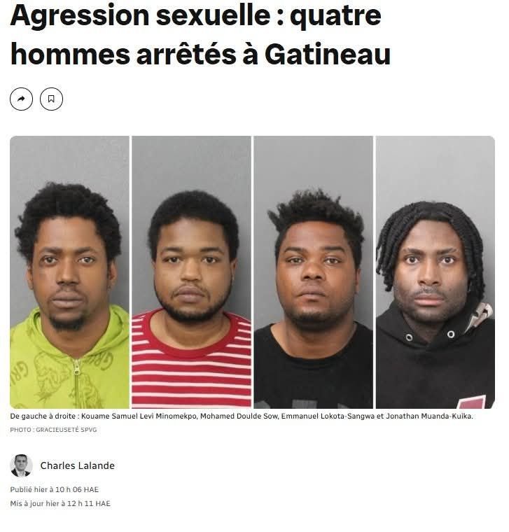 Les quatre hommes arrêtés sont Mohamed Doulde Sow, Kouame Samuel Levi Minomekpo, Jonathan Muanda-Kuika et Emmanuel Lokota-Sangwa. Ils sont respectivement âgés de 28, 29, 30 et 31 ans.<br /><br />Référence: https://ici.radio-canada.ca/nouvelle/2257052/agression-sexuelle-gatineau-victimes-potentielles