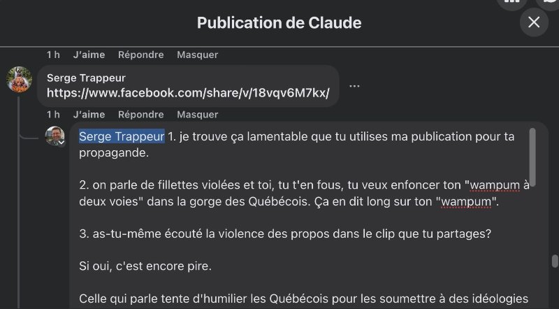 Ça aurait pu être publié en commentaire, sous mon article:<br /><br />https://www.facebook.com/claude.gelinas.3110/posts/pfbid0xQCoQJ1h6JiDkPakteMSmd2Xcm1HghTBJRLGFxzdFXQp7k4hCZ7zb7gJMgqBUQy9l