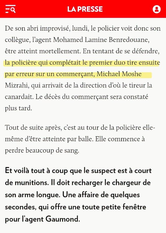 Source: https://www.facebook.com/guillaum.eroy.395454/posts/pfbid028C6fj7C9ySXQw4FaPK81cSbh7ziWTabYUha7EdwQe4EnptX1XDZ7BKU8XA9mhmbHl<br /><br />Référence: https://www.lapresse.ca/actualites/justice-et-faits-divers/2026-06-24/fusillade-dans-cote-des-neiges/trois-secondes-et-deux-respirations-pour-eviter-un-carnage.php
