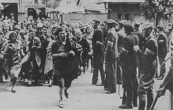 Miliciens lituaniens à Kovno raflant des Juifs au cours d’un des premiers pogroms. Kovno (aujourd'hui Kaunas), Lituanie, du 25 juin au 8 juillet 1941.