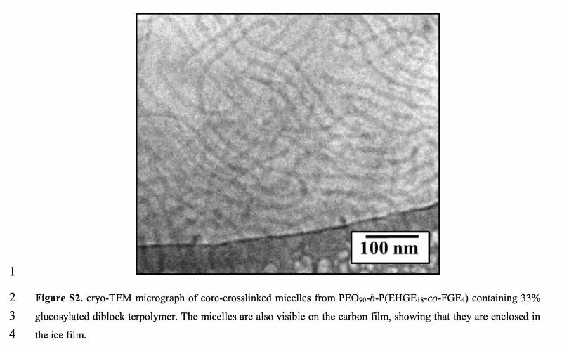Figure S2.<br /><br />micrographie cryo-TEM de micelles réticulées à noyau de PEO90-b-P (EHGE18-co-FGE4) contenant 33% de terpolymère dibloc glucosylé.<br /><br />Les micelles sont également visibles sur le film de carbone, montrant qu'elles sont enfermées dans le film de glace.