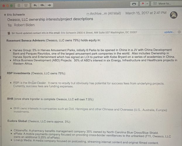 E-mail détaillant les investissements de Hunter Biden : "ePlata : une société de paiements mobiles axée sur les transferts de fonds transfrontaliers aux personnes non bancarisées (pour info, Owasco, LLC détient 5,25% supplémentaires d'ePlata" en plus d'"environ 3%".